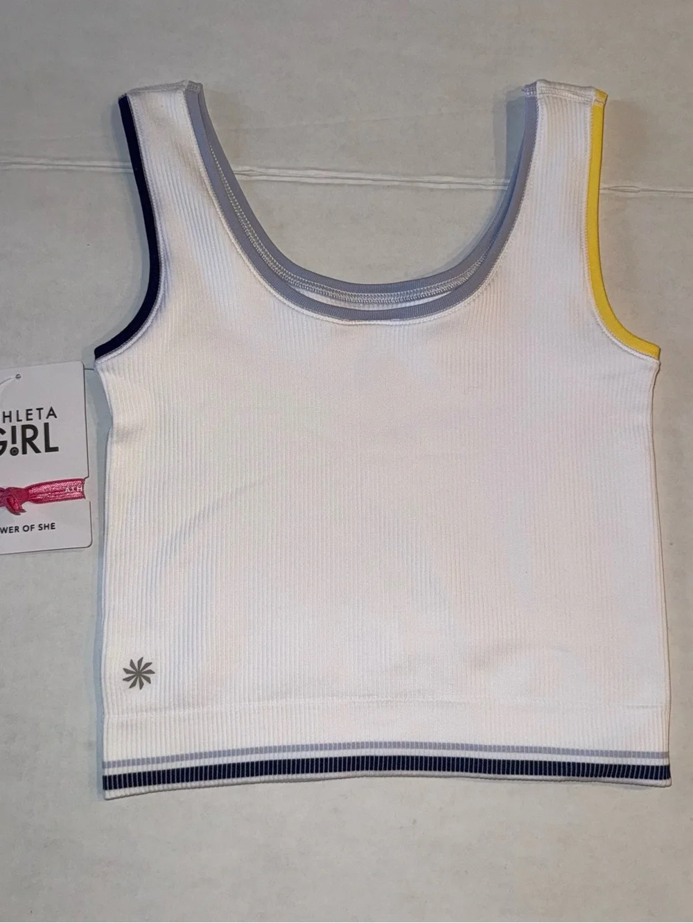 Athleta White Ribbed Crop Tank with Navy and Yellow Trim